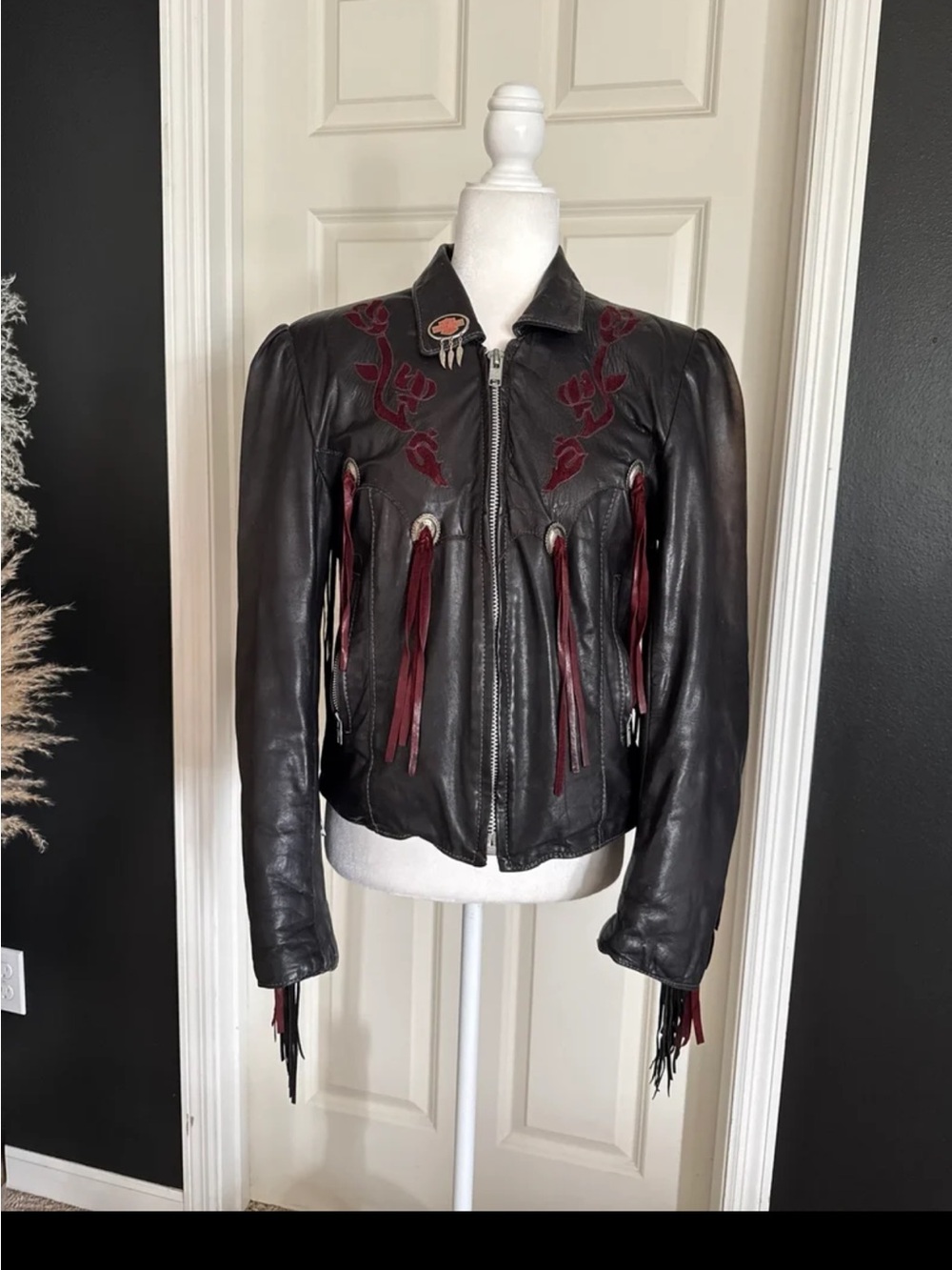 Vintage Dallas Leather Fringe Jacket Brown w/ Burgundy Rose Embroidery Size 14
